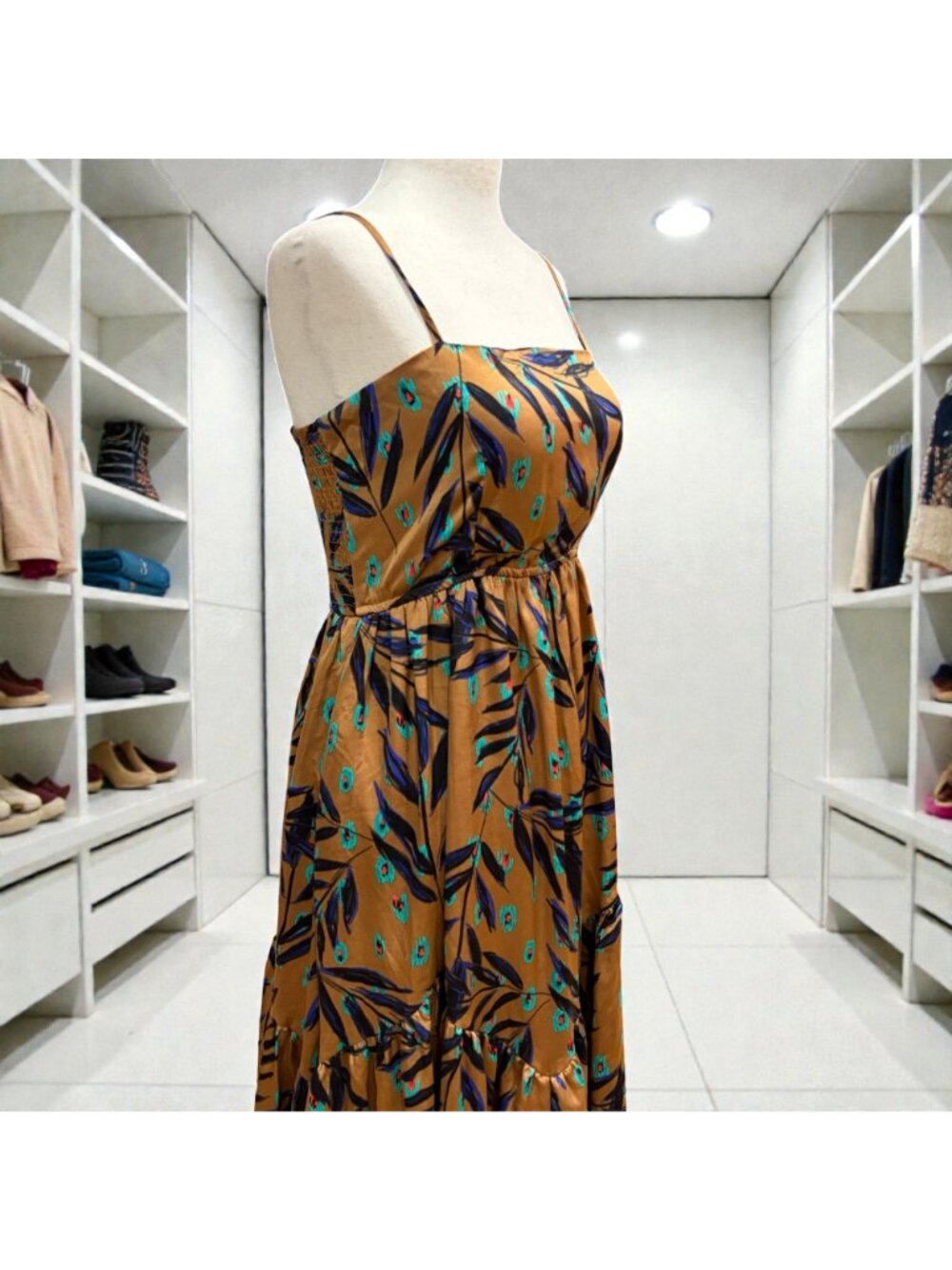 THML Satin Midi Dress Brown Leaf Print Smocked Back Tiered Strappy Size Medium - Picture 4 of 9